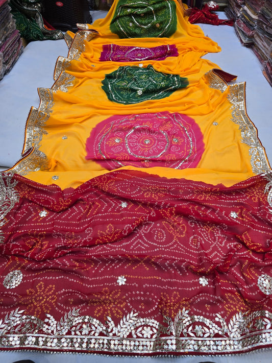 Kayatri Latest Chinon Kacha Gotapatti Work Fancy Bandhej Saree