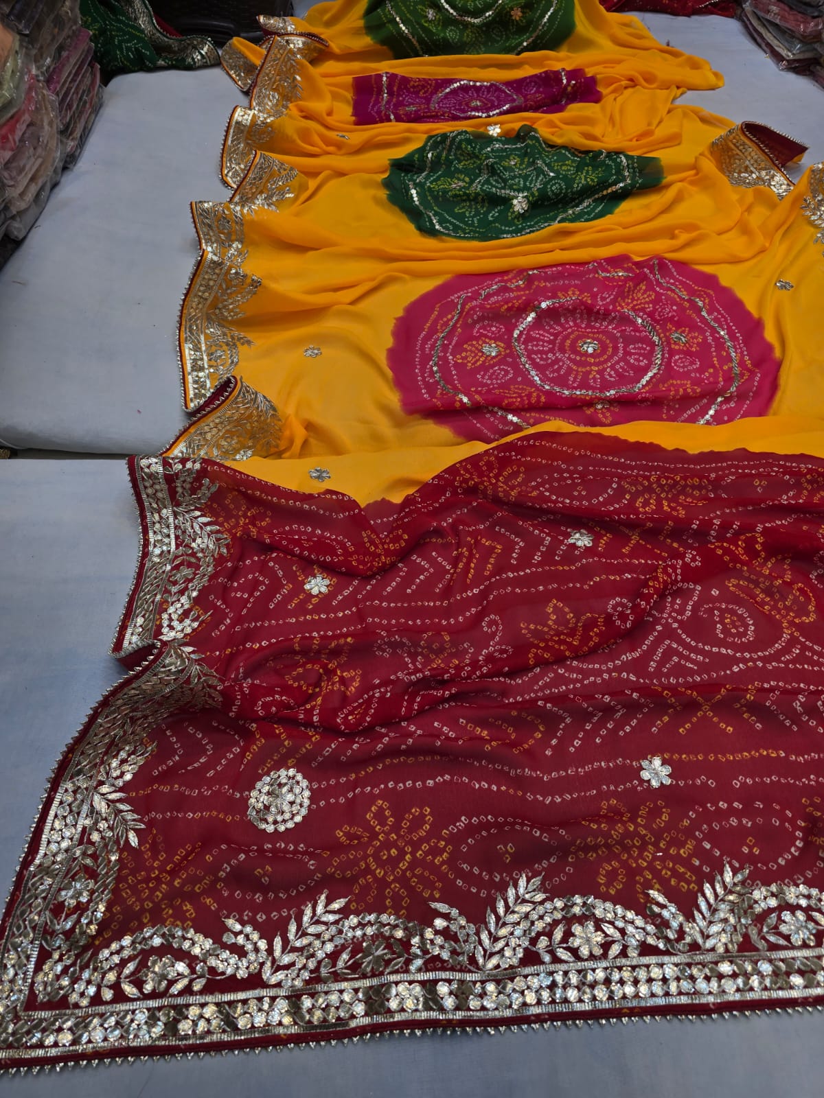 Kayatri Latest Chinon Kacha Gotapatti Work Fancy Bandhej Saree