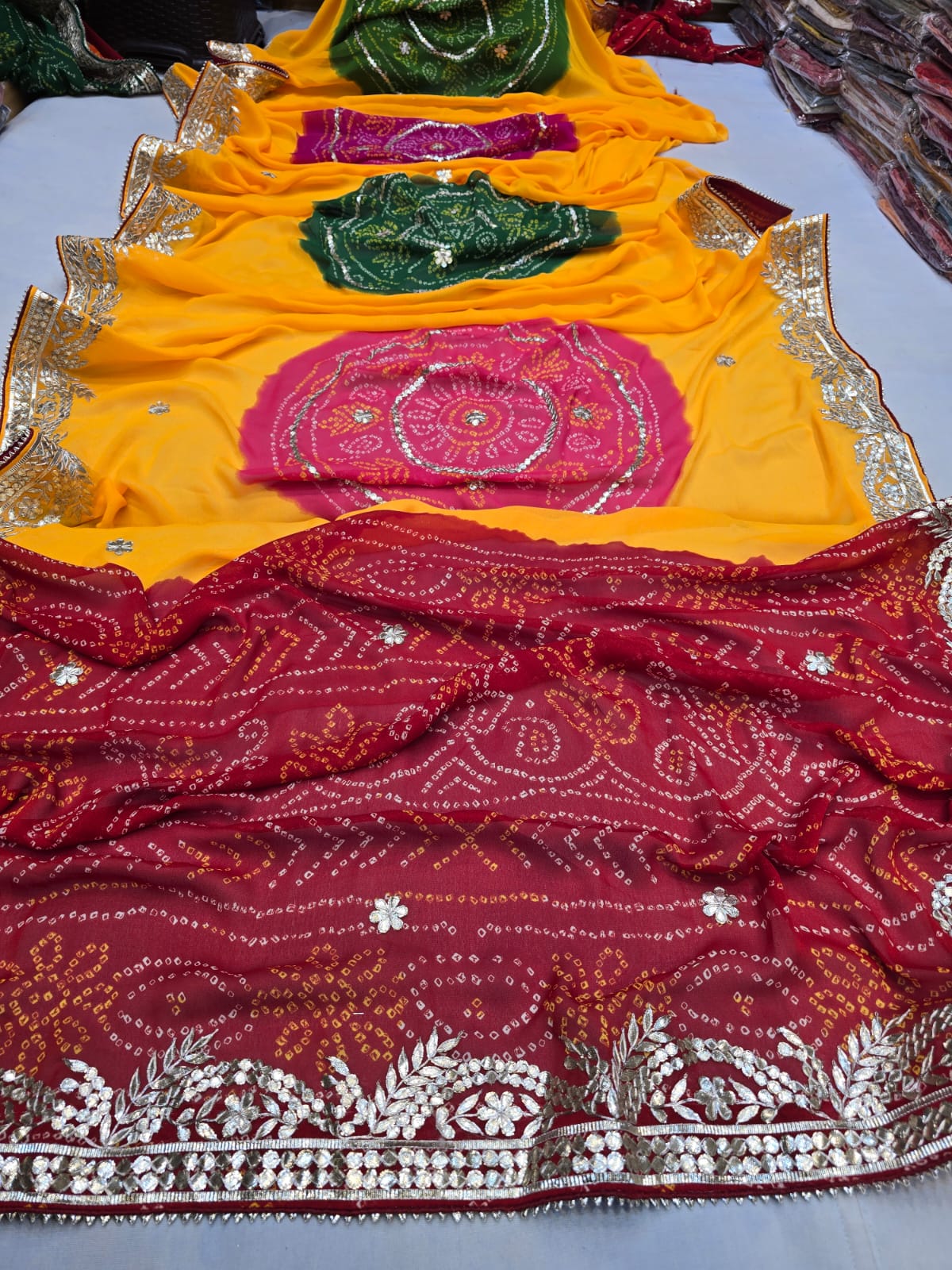 Kayatri Latest Chinon Kacha Gotapatti Work Fancy Bandhej Saree