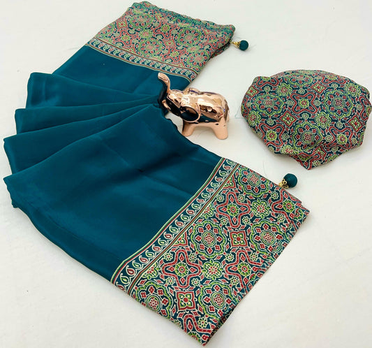 Kayatri New Pure Satin Ajrakh Print Saree