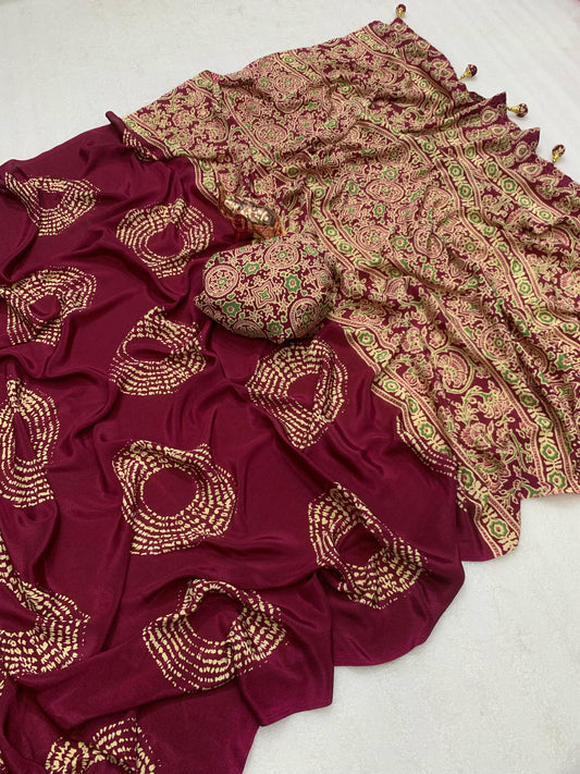 Kayatri Pure Crape Satin with Ajrak printed Sarees