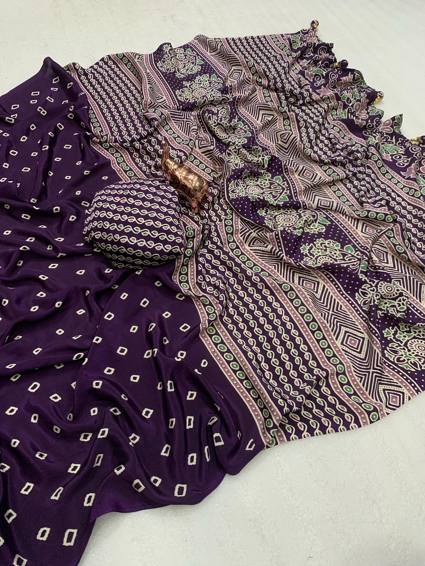 Kayatri New Ajrak printed Rich Pallu With Heavy Tussles Sarees