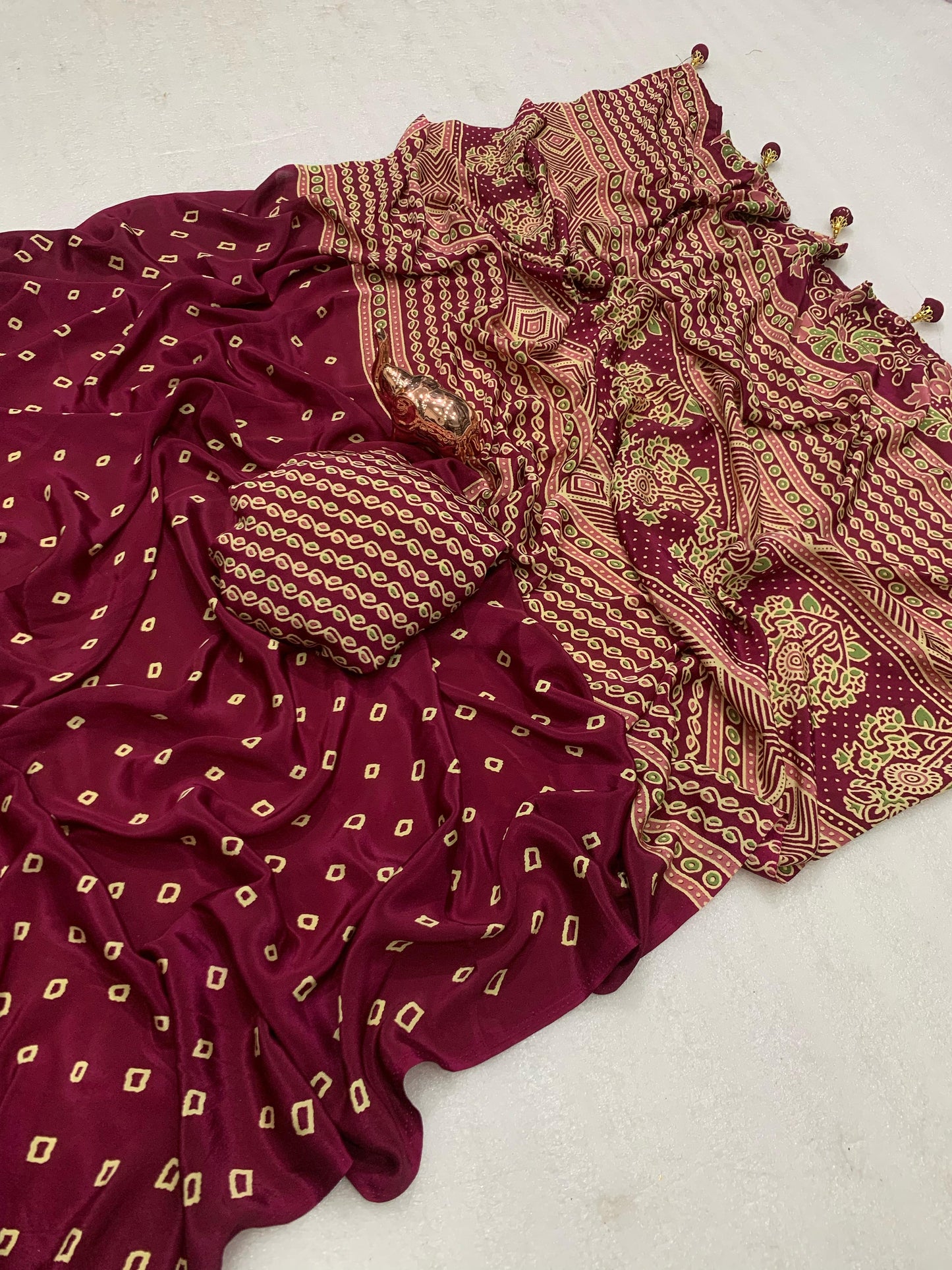 Kayatri New Ajrak printed Rich Pallu With Heavy Tussles Sarees
