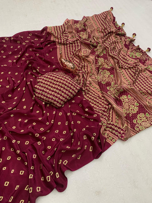 Kayatri New Ajrak printed Rich Pallu With Heavy Tussles Sarees