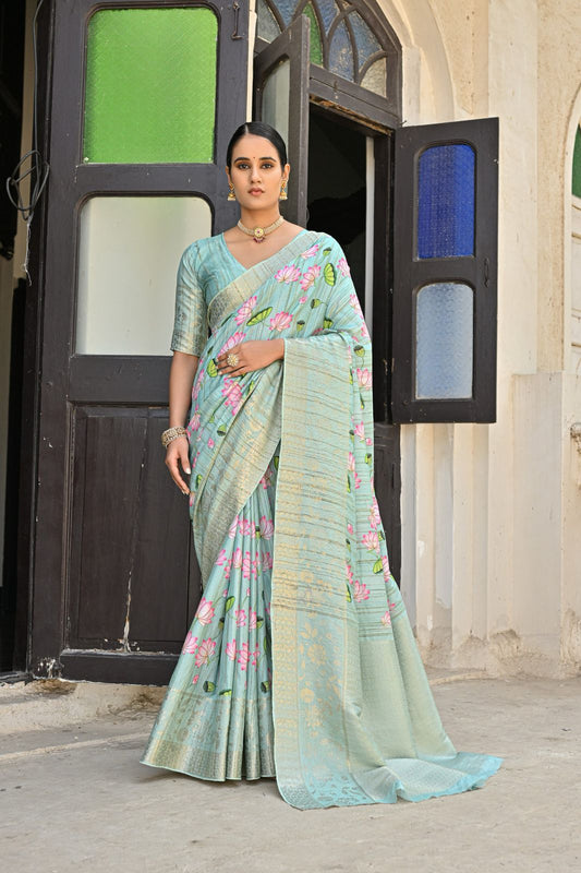 Kayatri New Soft Cotton Silk Floral Weaving Border Wih Lotus Print Saree