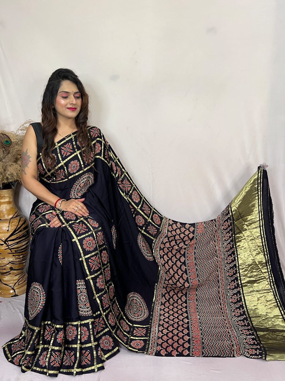 Kayatri New Super Trending Pure Ajarkh Print with Pure Gaji Silk Bandhej Saree