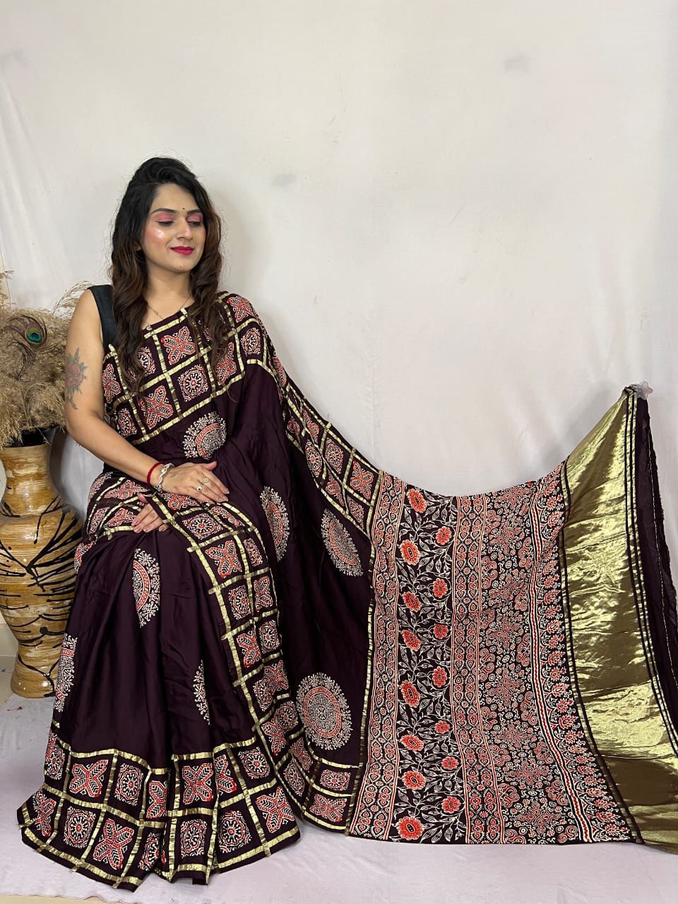 Kayatri New Super Trending Pure Ajarkh Print with Pure Gaji Silk Bandhej Saree