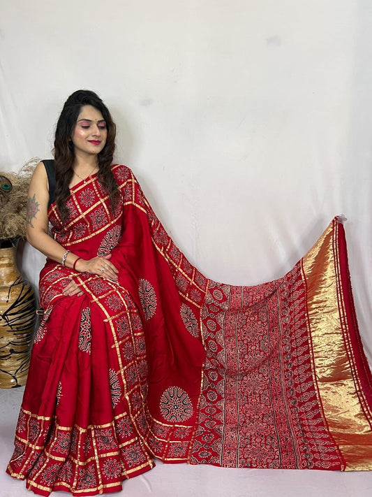 Kayatri New Super Trending Pure Ajarkh Print with Pure Gaji Silk Bandhej Saree