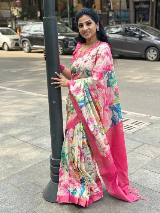 Kayatri New Linen With Gold jari border with weaving Line Digital Print Saree
