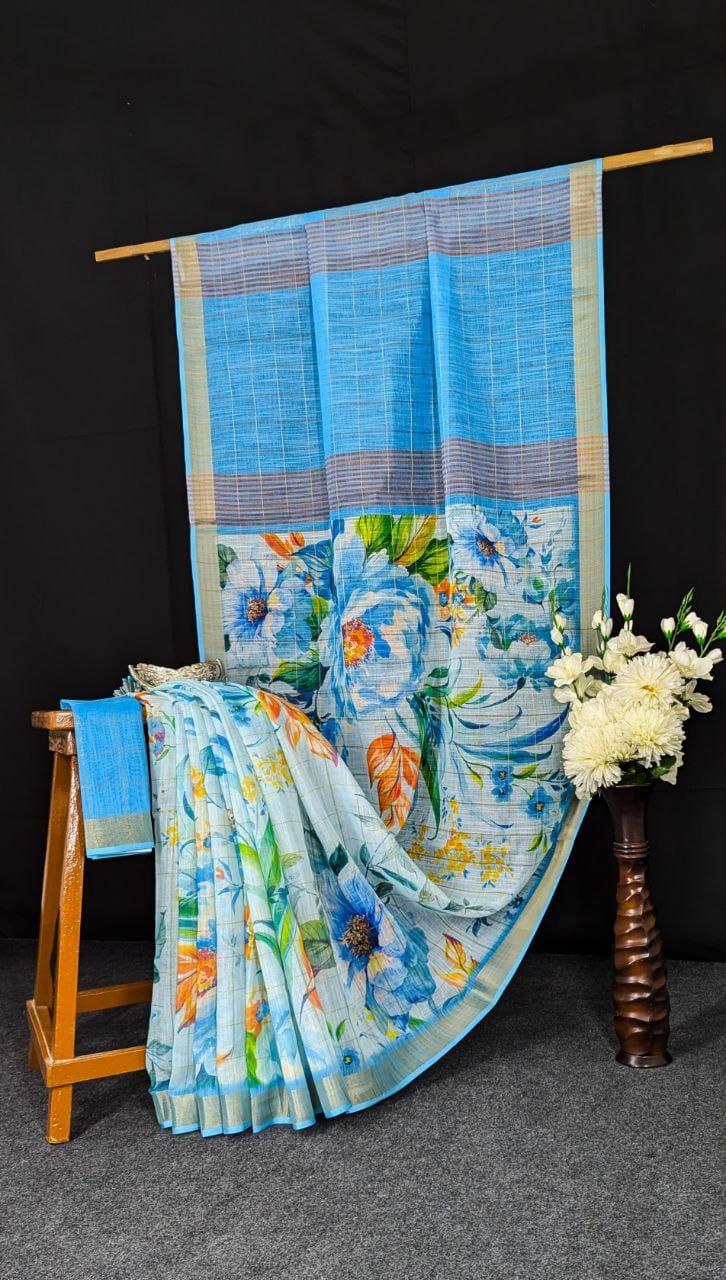 Kayatri New Linen With Gold jari border with weaving Line Digital Print Saree