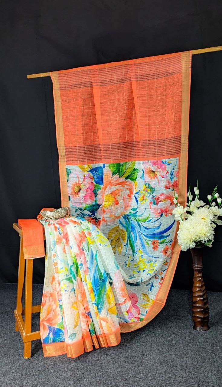 Kayatri New Linen With Gold jari border with weaving Line Digital Print Saree