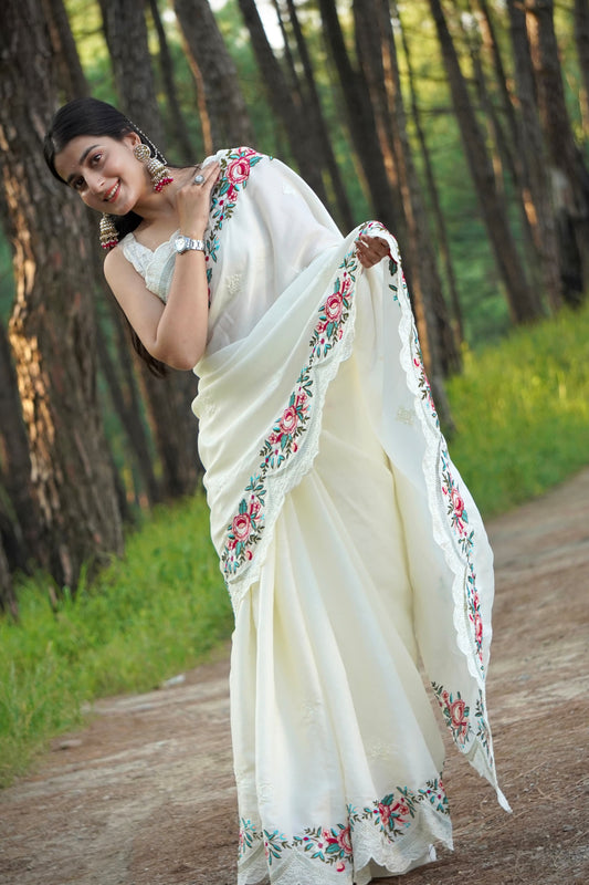 Kayatri New Pure Tussar Silk Embroidery Viscos Thread Work Saree