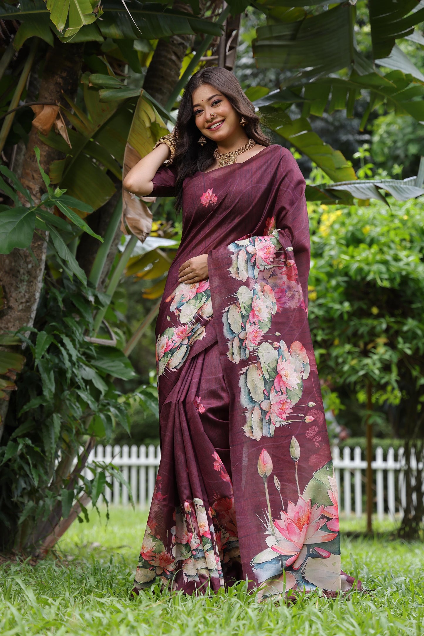 Kayatri New Tussar Silk Lotus Print With Floral Printed Saree