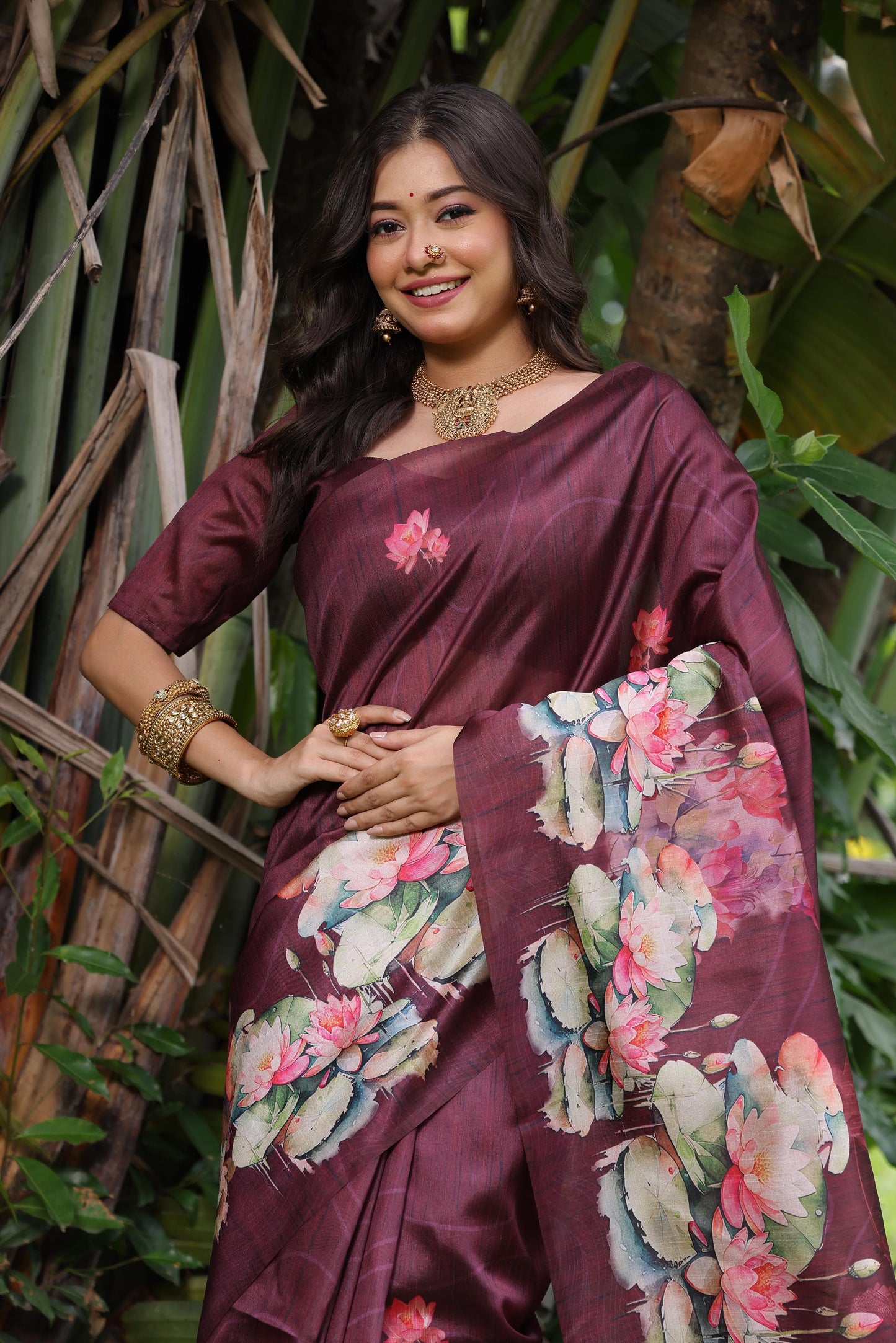 Kayatri New Tussar Silk Lotus Print With Floral Printed Saree