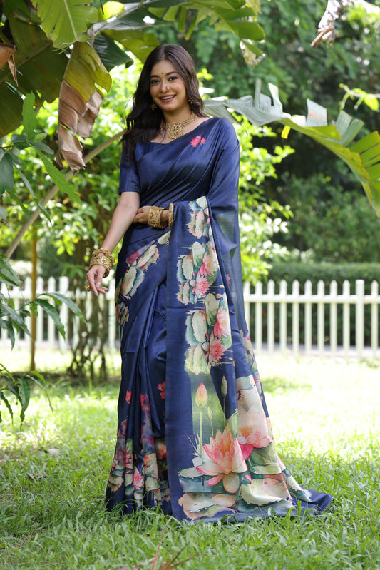 Kayatri New Tussar Silk Lotus Print With Floral Printed Saree
