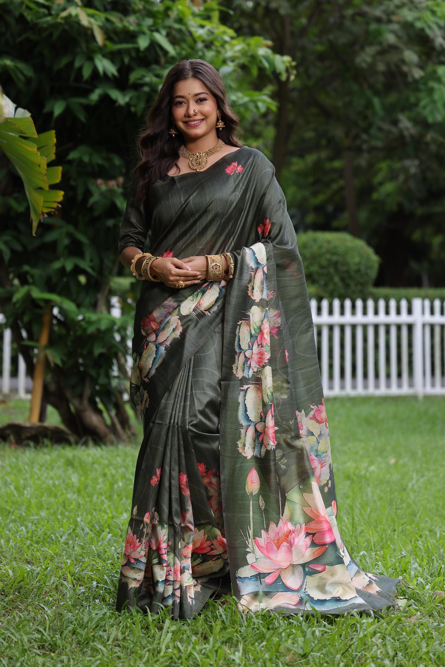 Kayatri New Tussar Silk Lotus Print With Floral Printed Saree