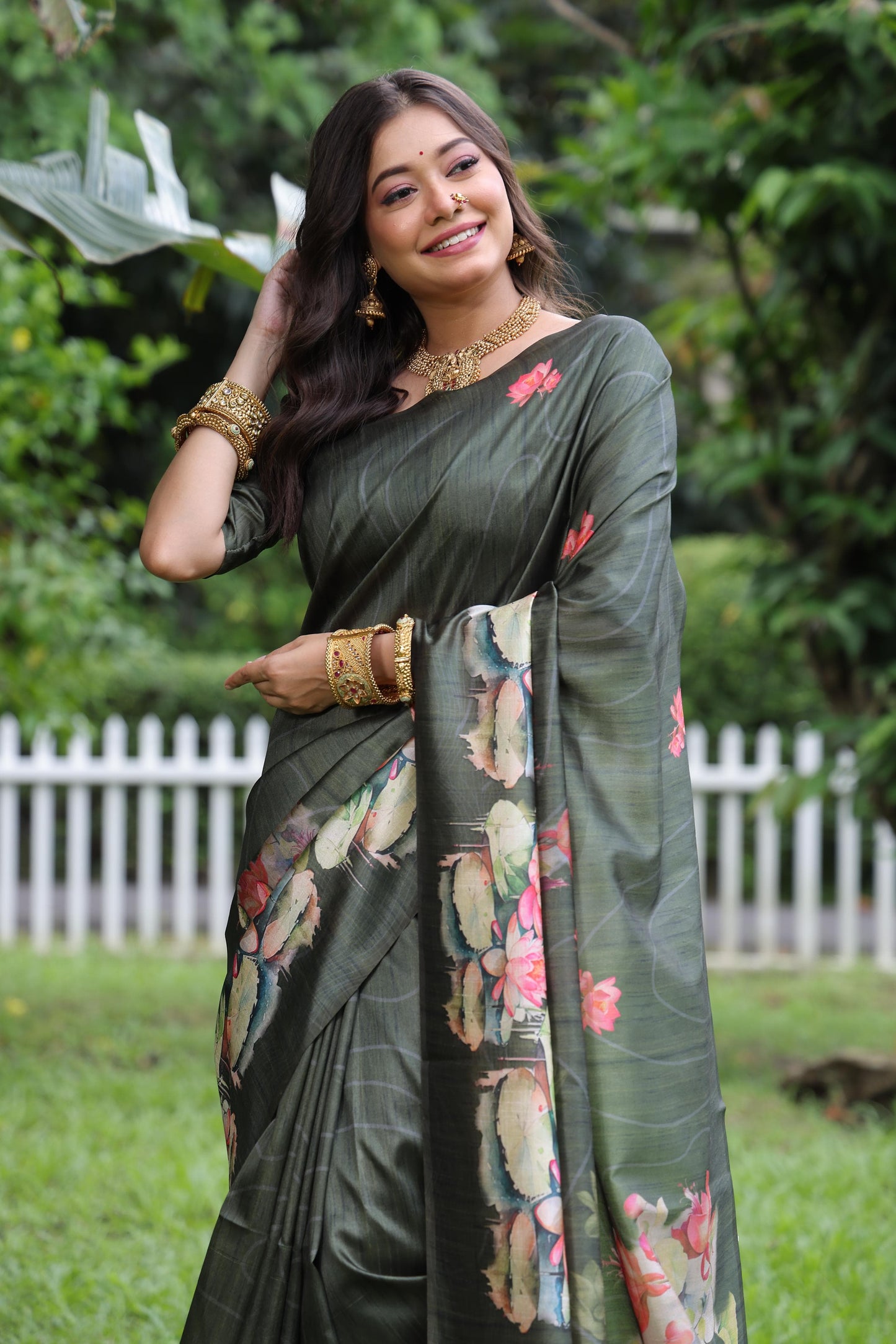 Kayatri New Tussar Silk Lotus Print With Floral Printed Saree