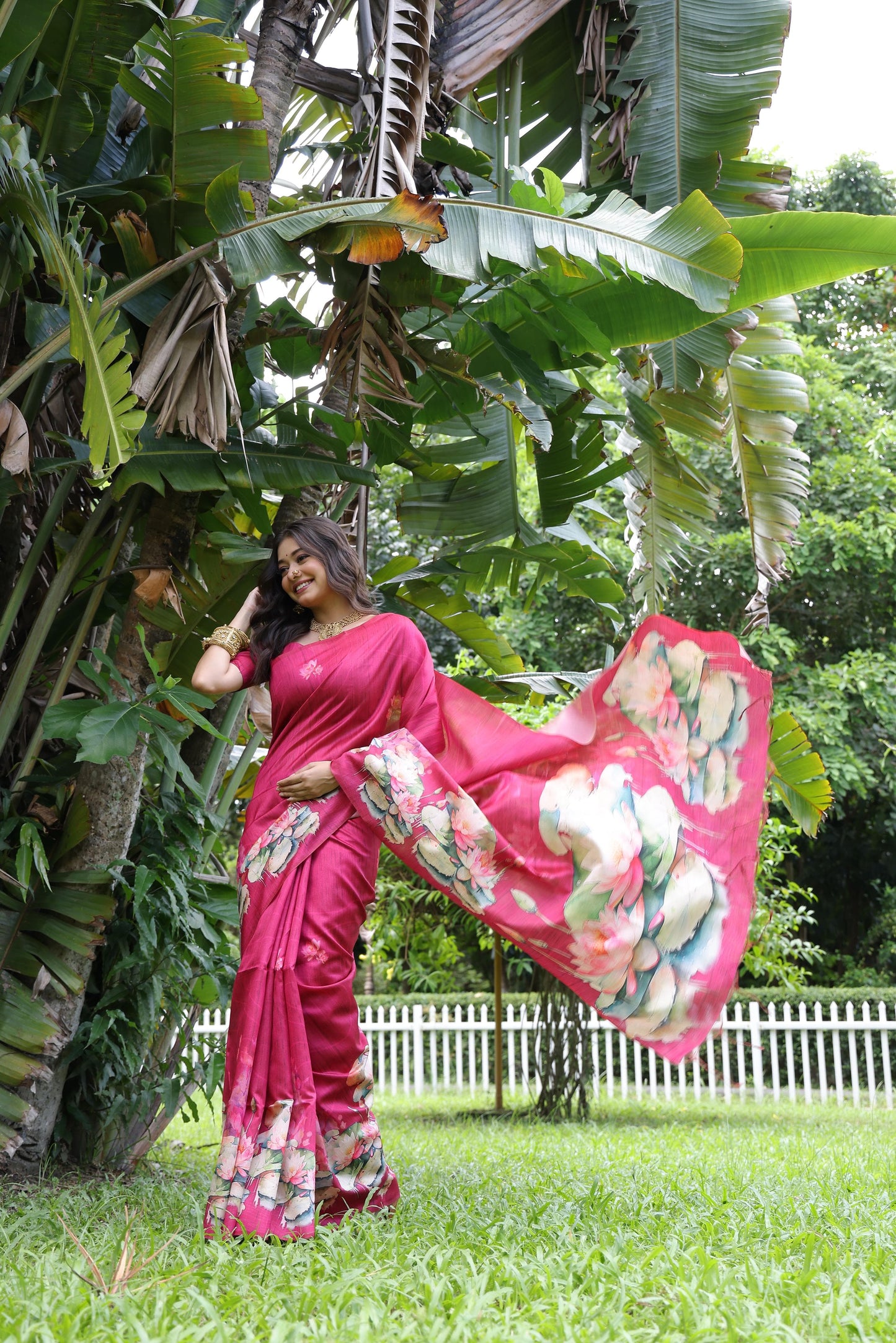 Kayatri New Tussar Silk Lotus Print With Floral Printed Saree