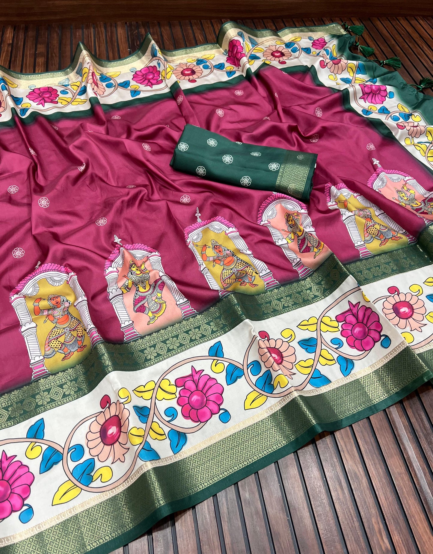 Kayatri New Soft Lichi Jackard Digital Kalamkari Saree