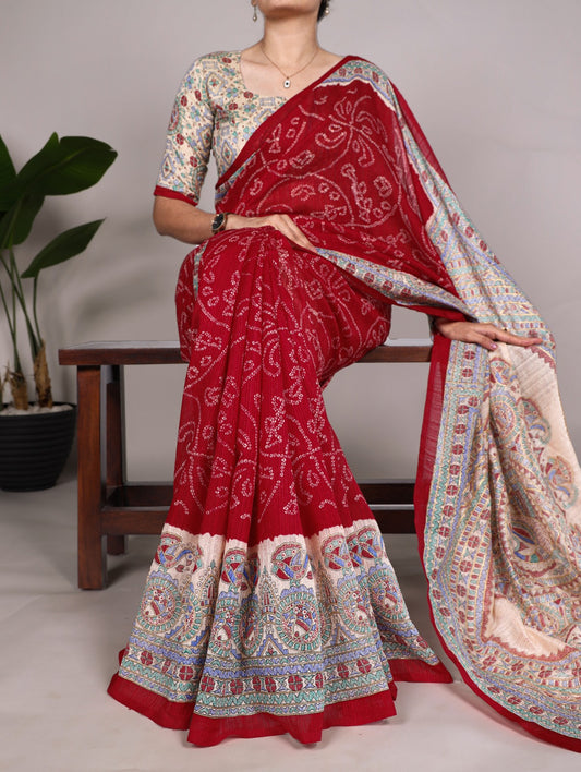 Kayatri New Green Silk Artistry Fusion Of Madhubani and Bandhej Saree