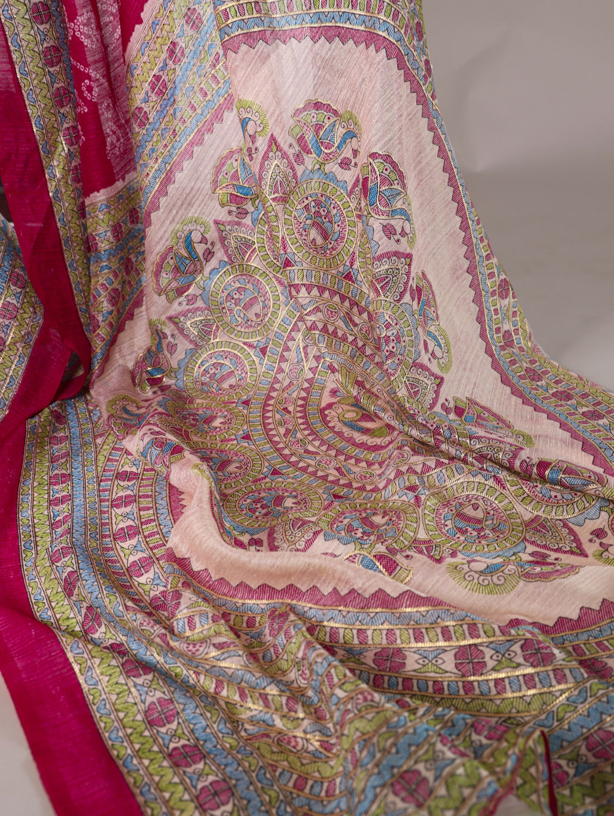 Kayatri New Green Silk Artistry Fusion Of Madhubani and Bandhej Saree