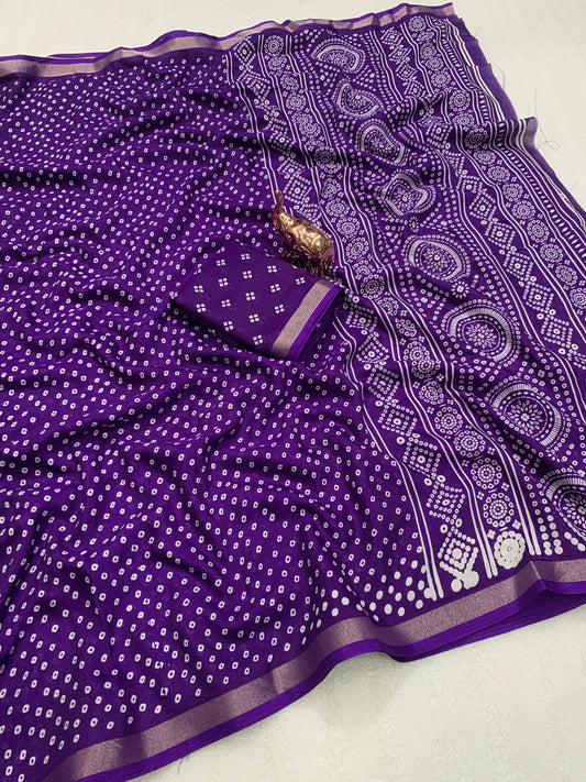 Kayatri New Cotton Silk Bandhani Printed And Golden Zari Patti Border Saree