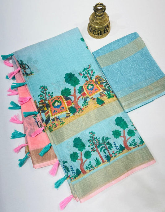 Kayatri New Gold Linen With Weaving Digital Print Saree