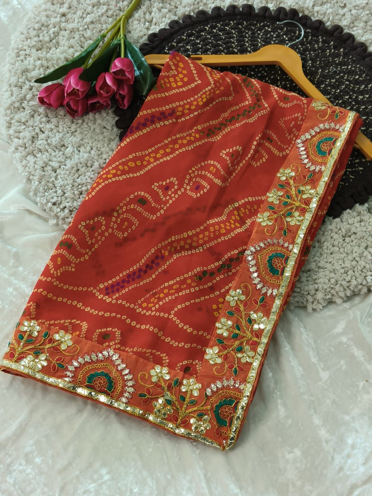 Kayatri New Georgette Bandhani With Embroidary Gotapatti Work Saree