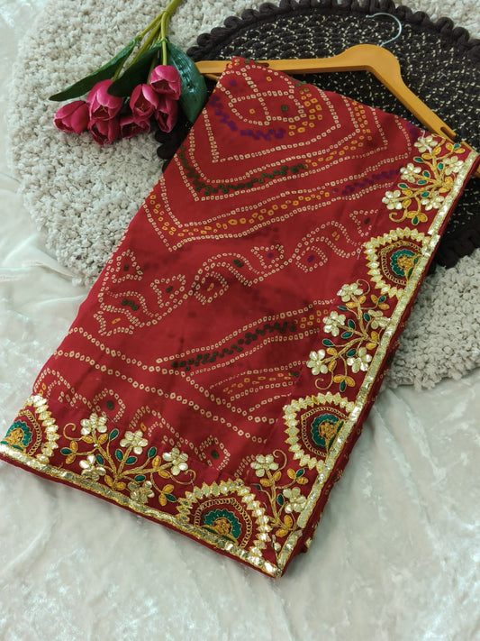 Kayatri New Georgette Bandhani With Embroidary Gotapatti Work Saree