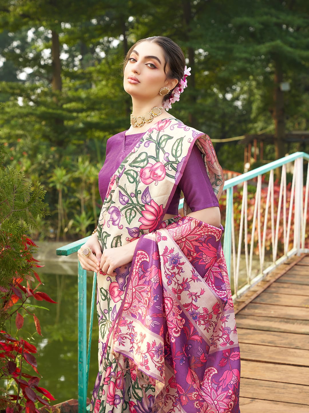 Kayatri New Soft Tussar Silk Kalamkari And Traditional Print Saree
