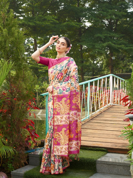 Kayatri New Soft Tussar Silk Kalamkari And Traditional Print Saree