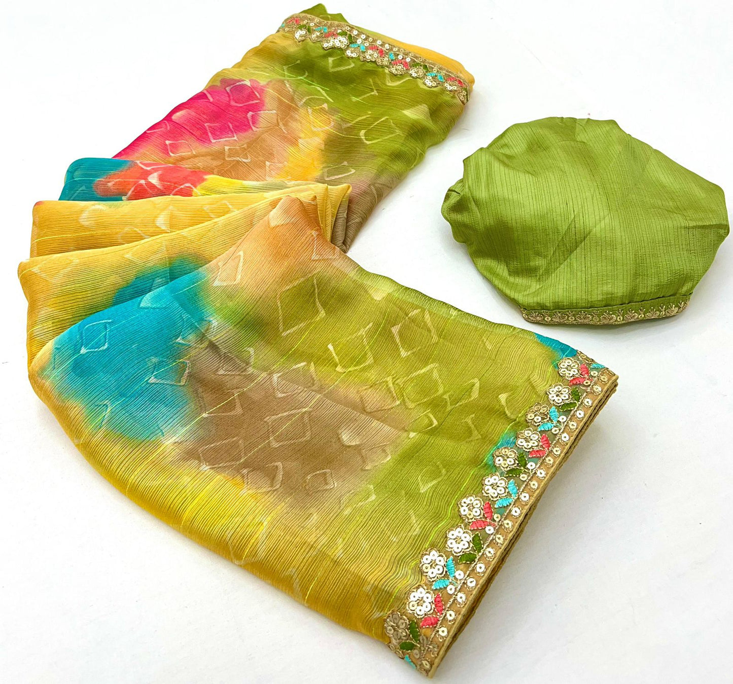 Kayatri New Chiffon Sequence Leheriya Bandhani Print Saree