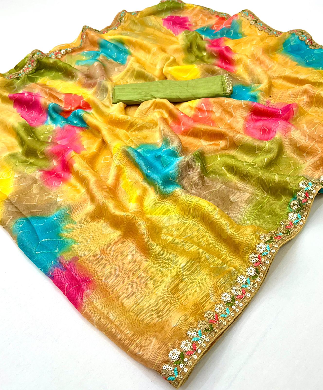 Kayatri New Chiffon Sequence Leheriya Bandhani Print Saree