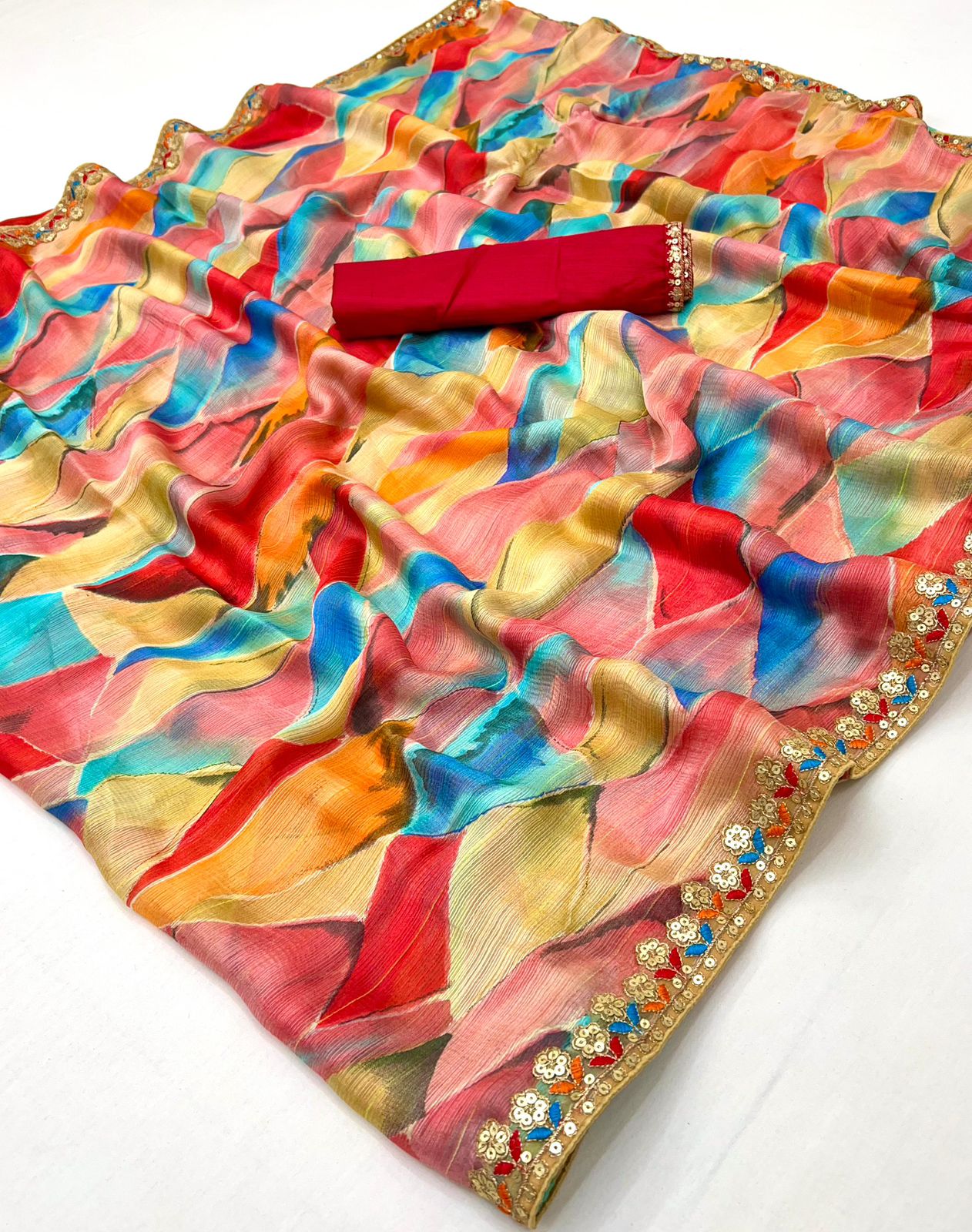 Kayatri New Chiffon Sequence Leheriya Bandhani Print Saree