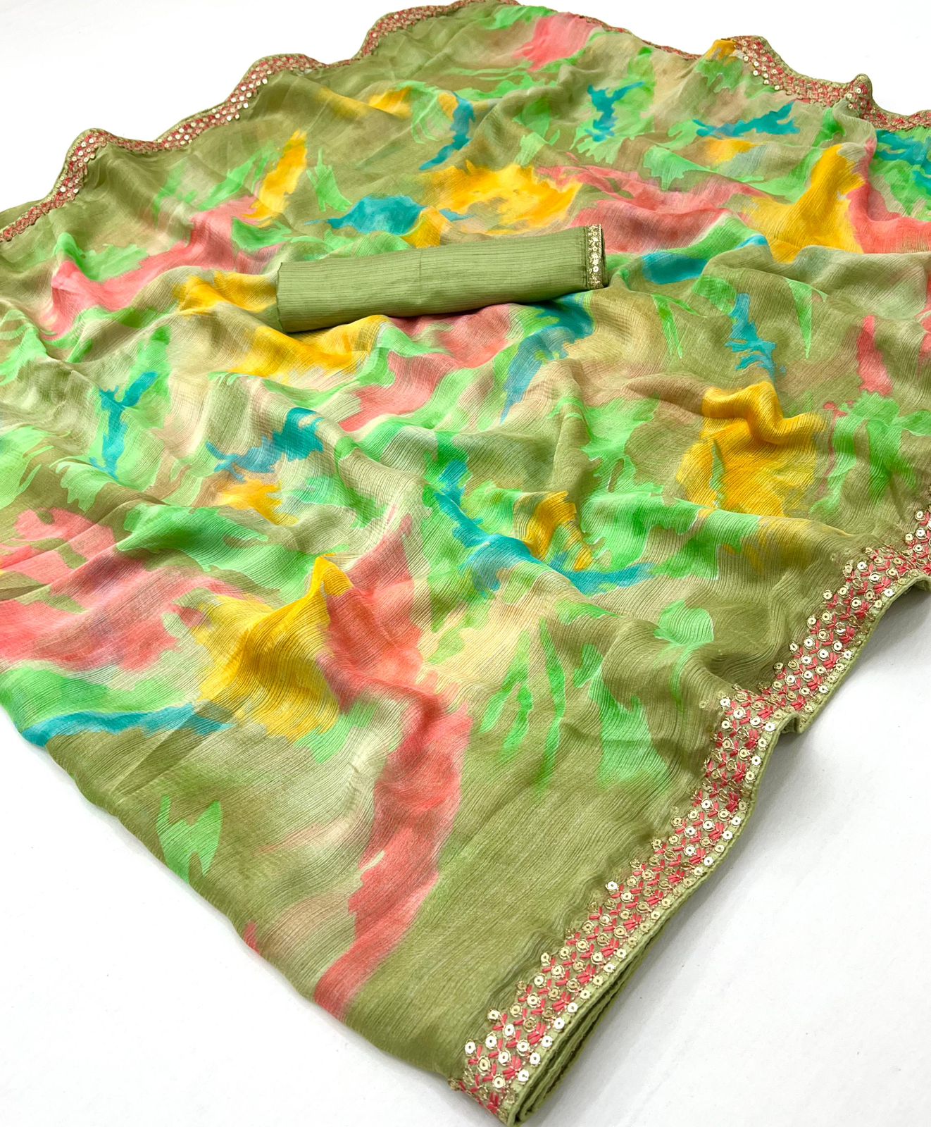 Kayatri New Chiffon Sequence Leheriya Bandhani Print Saree