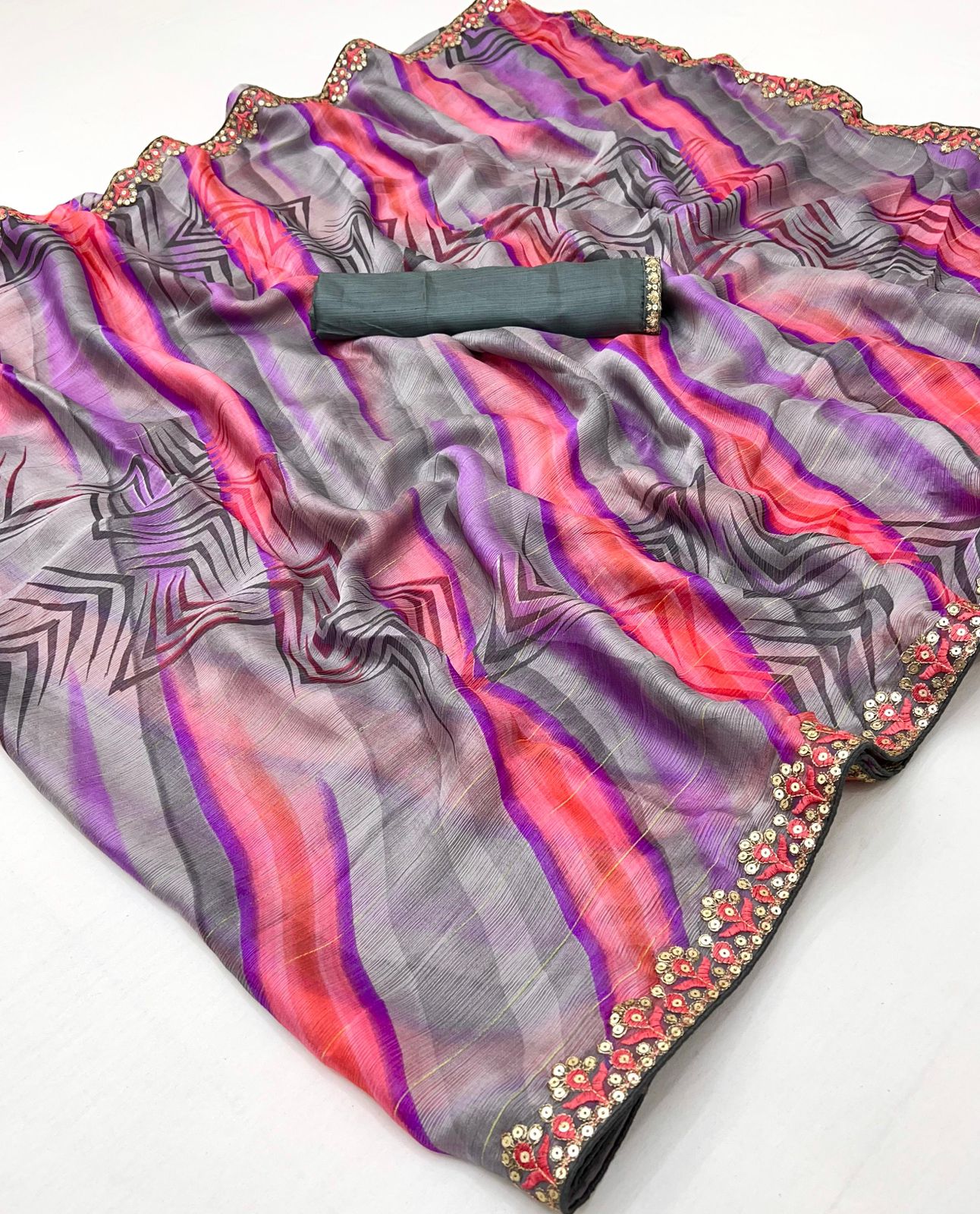 Kayatri New Chiffon Sequence Leheriya Bandhani Print Saree