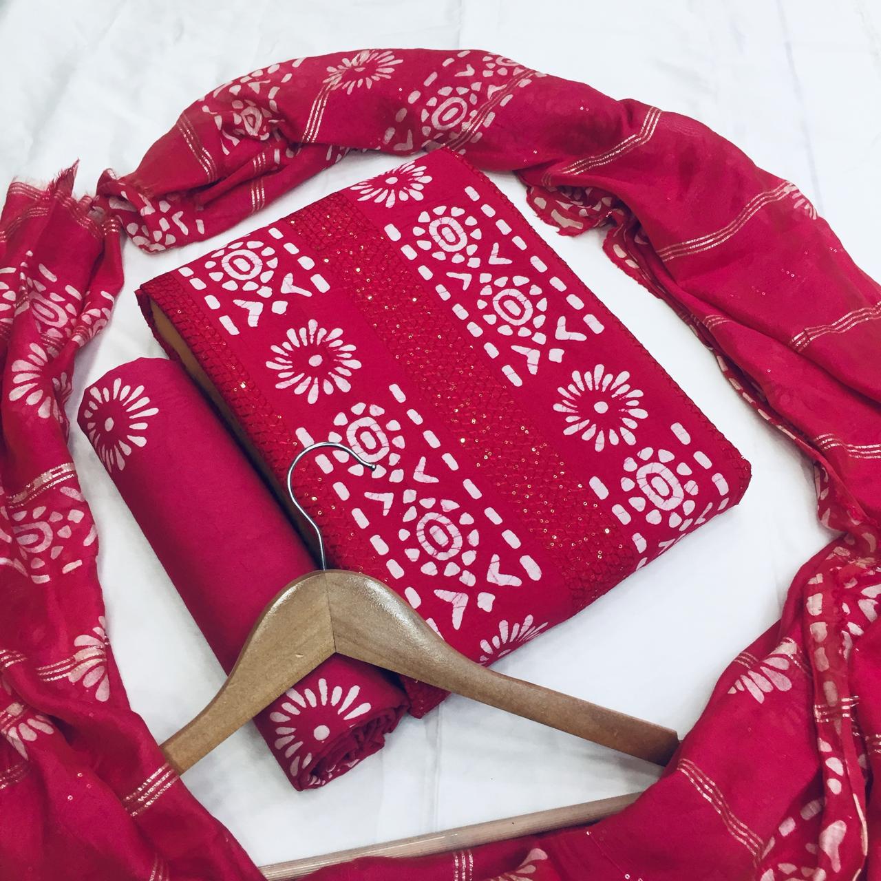 Kayatri Pure viscose Cotton batik Bandhni sequence  work Suit