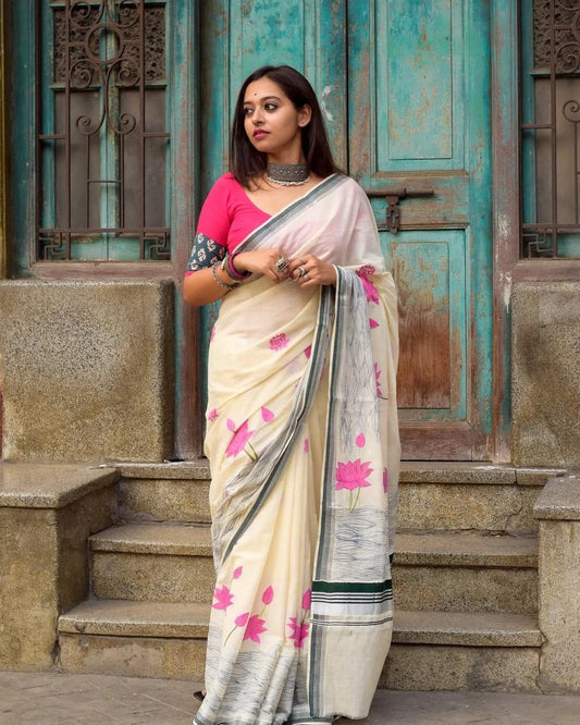 Kayatri New Plain Linen Digital Print Saree
