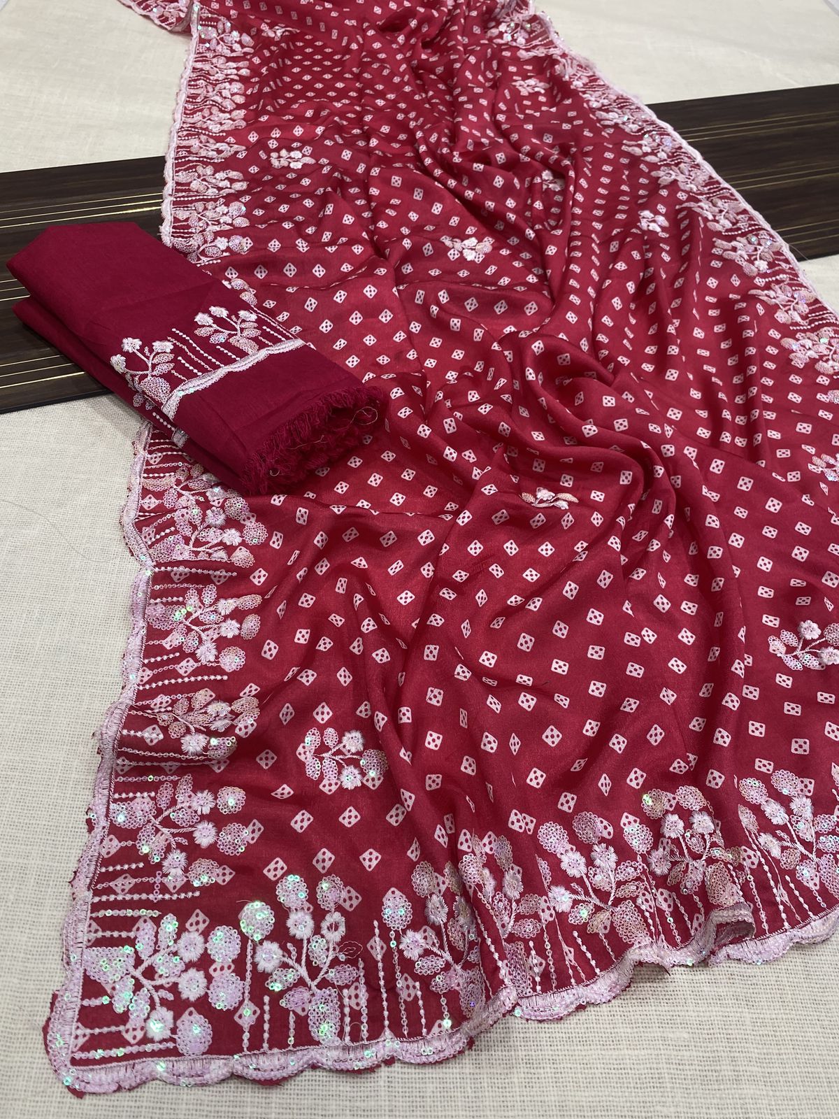 Kayatri New Chinon Bandhani Print C-pallu Thread Work Saree