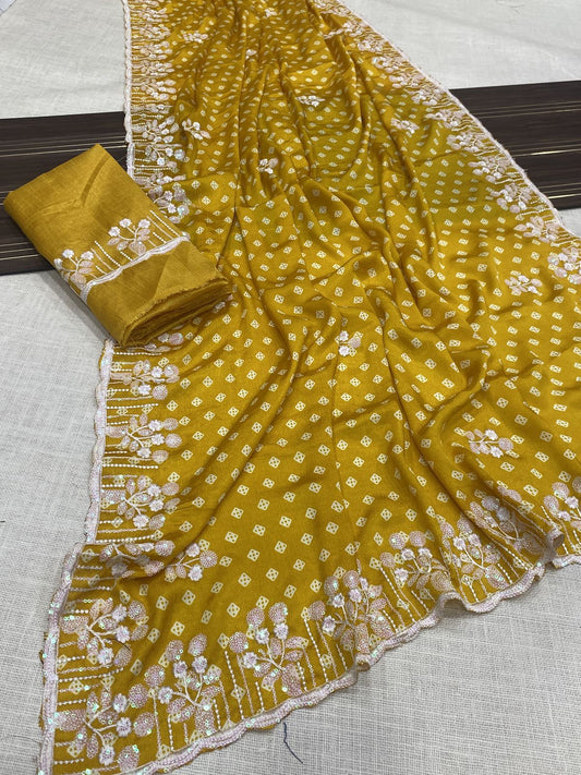 Kayatri New Chinon Bandhani Print C-pallu Thread Work Saree
