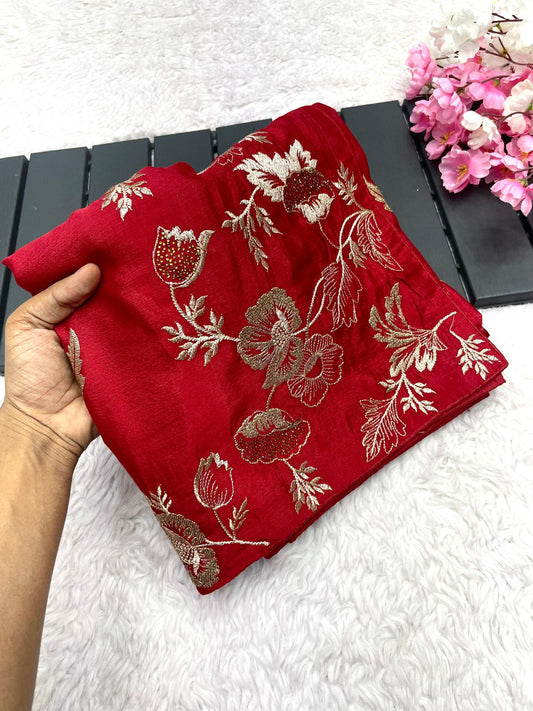 Kayatri New Soft Chinon Embroidery Zari With Siroski Work Saree
