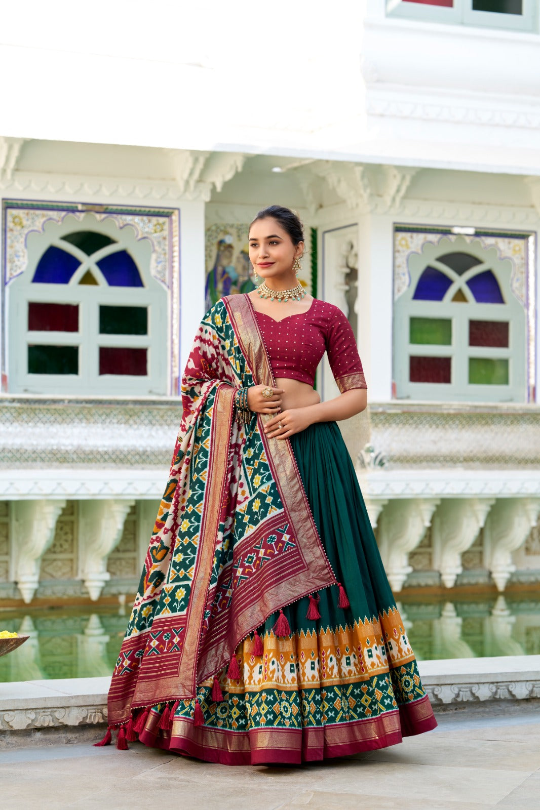 Kayatri New Tussar Silk Patola Print With Foil Work Lehenga