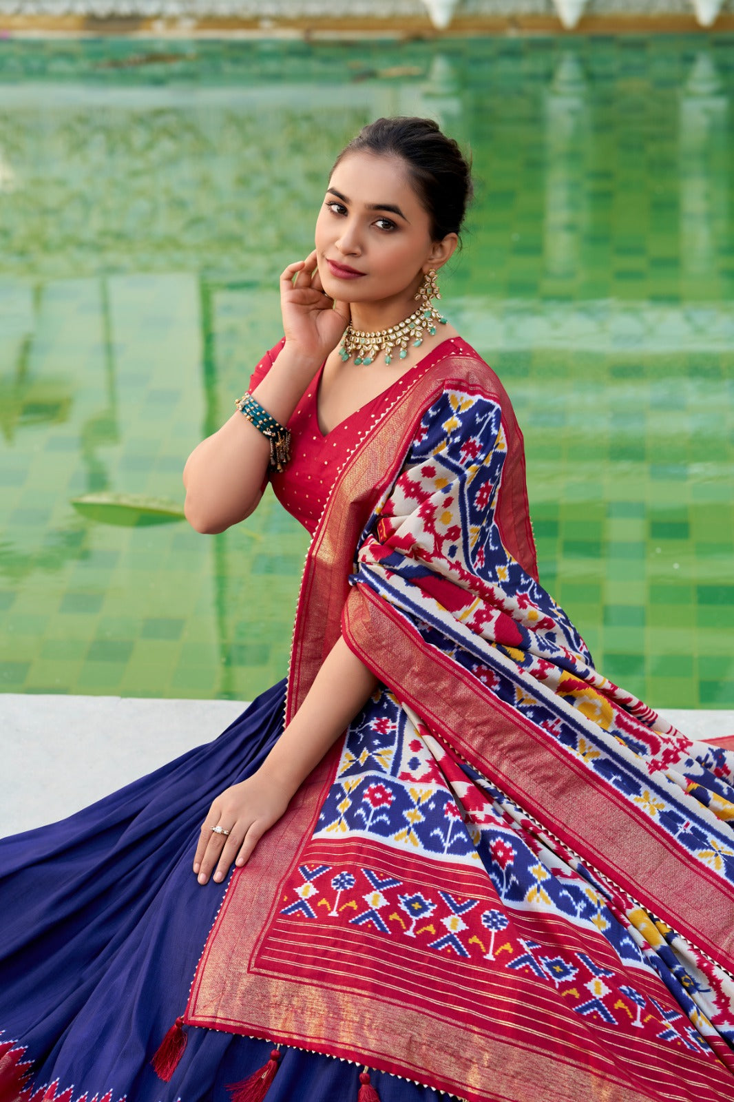Kayatri New Tussar Silk Patola Print With Foil Work Lehenga