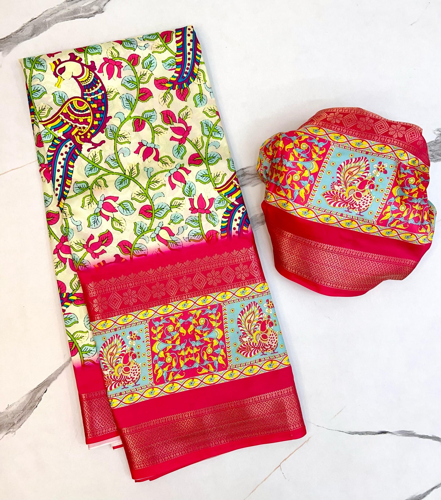Kayatri New Pure Soft Lichi Silk Kalamkari Print Saree