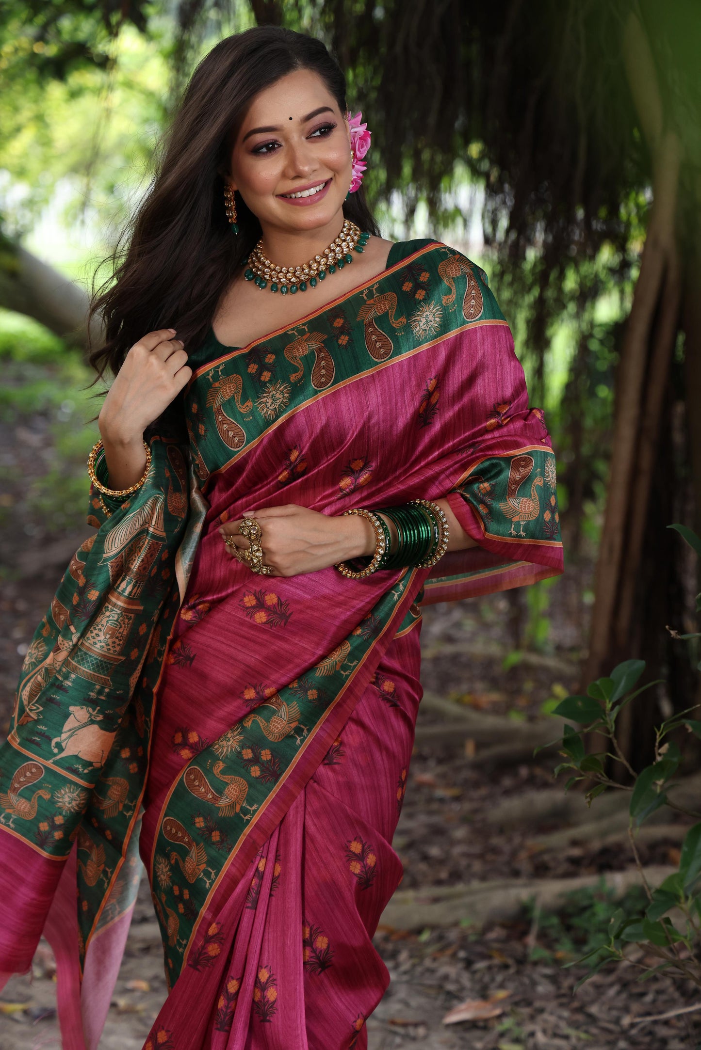Kayatri New Soft Tussar Silk Peacock Print Saree
