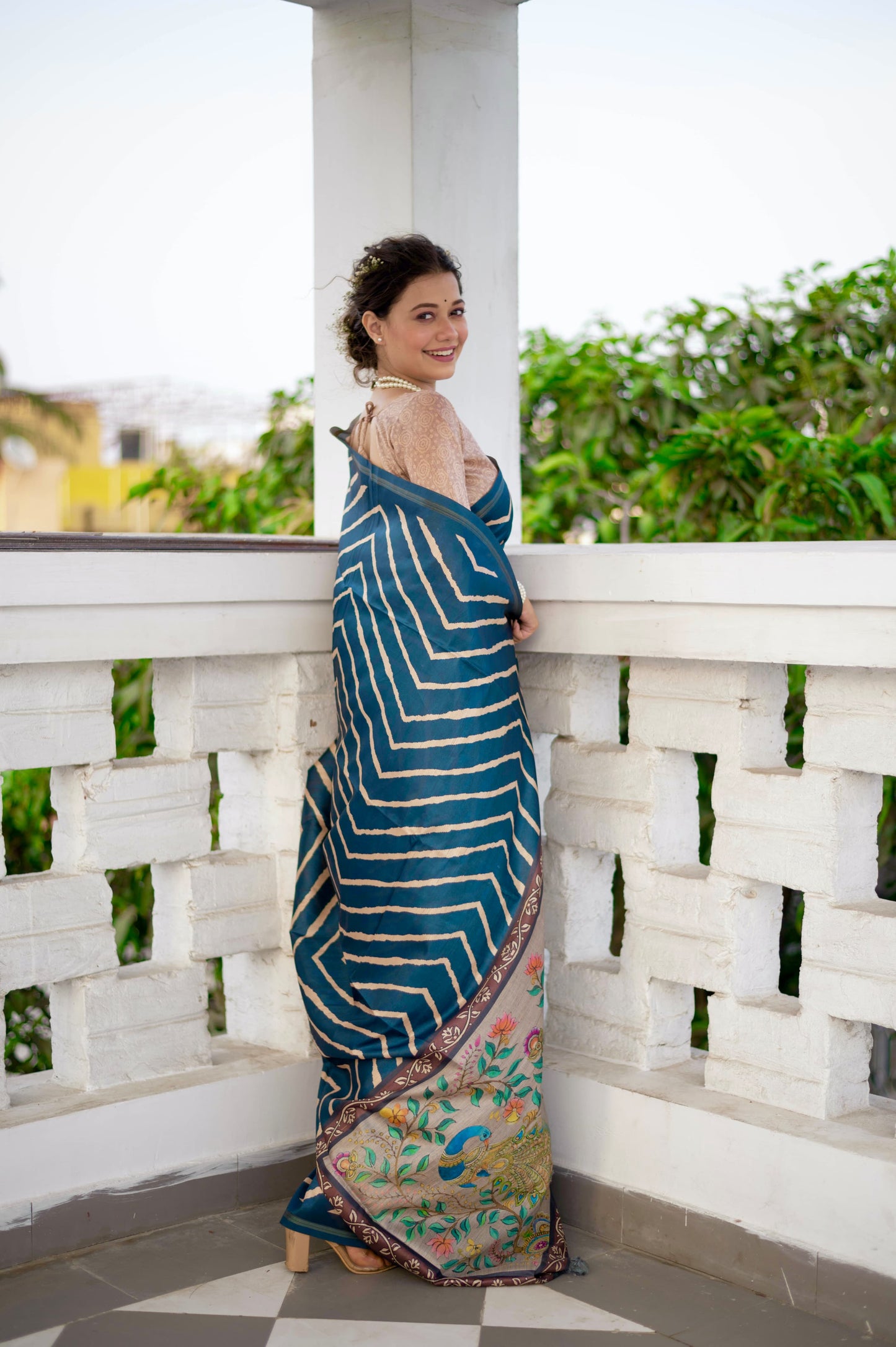 Kayari New Tussar Silk Leheriya With Kalamkari Peacock Pallu Saree