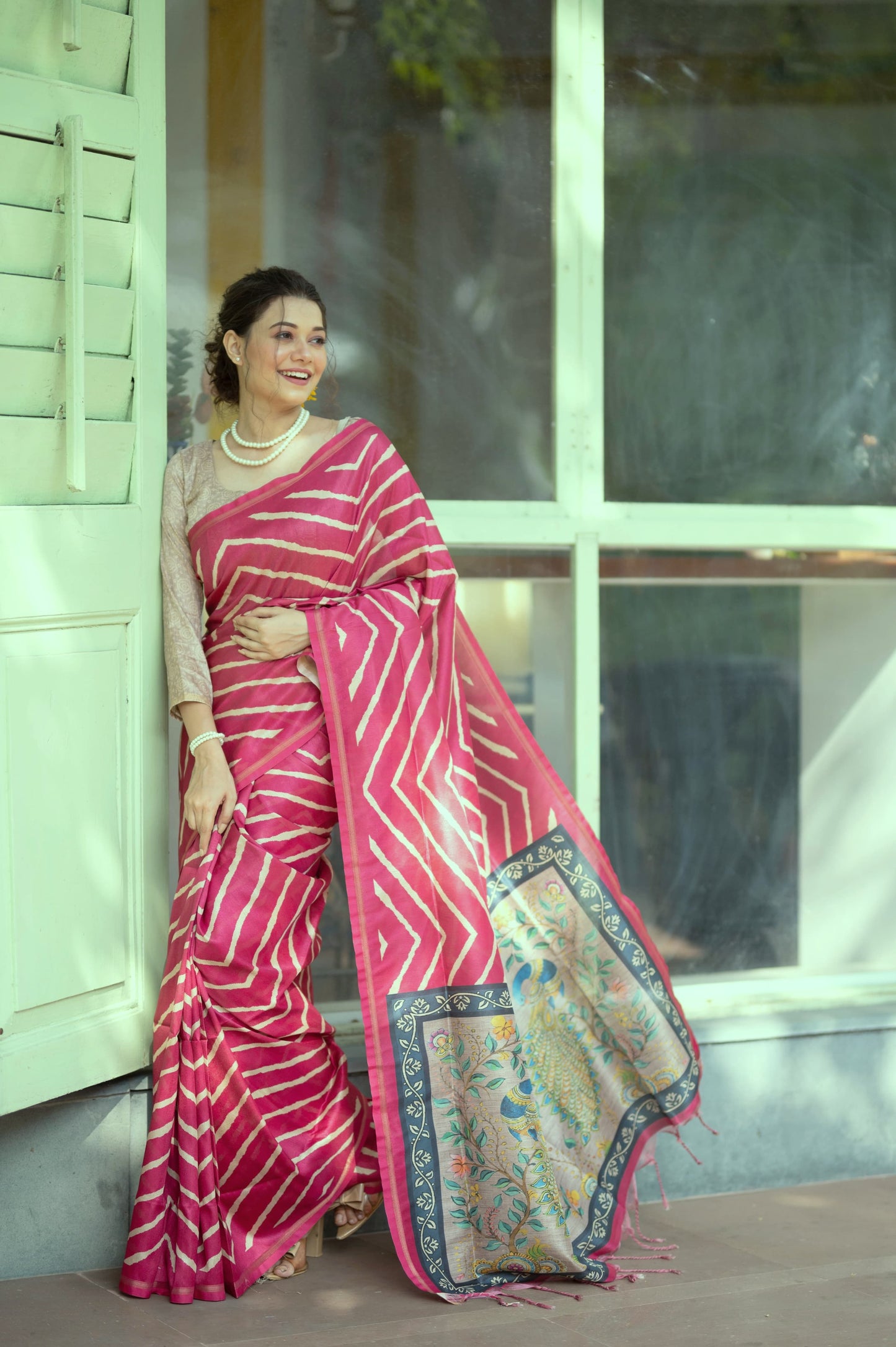 Kayari New Tussar Silk Leheriya With Kalamkari Peacock Pallu Saree