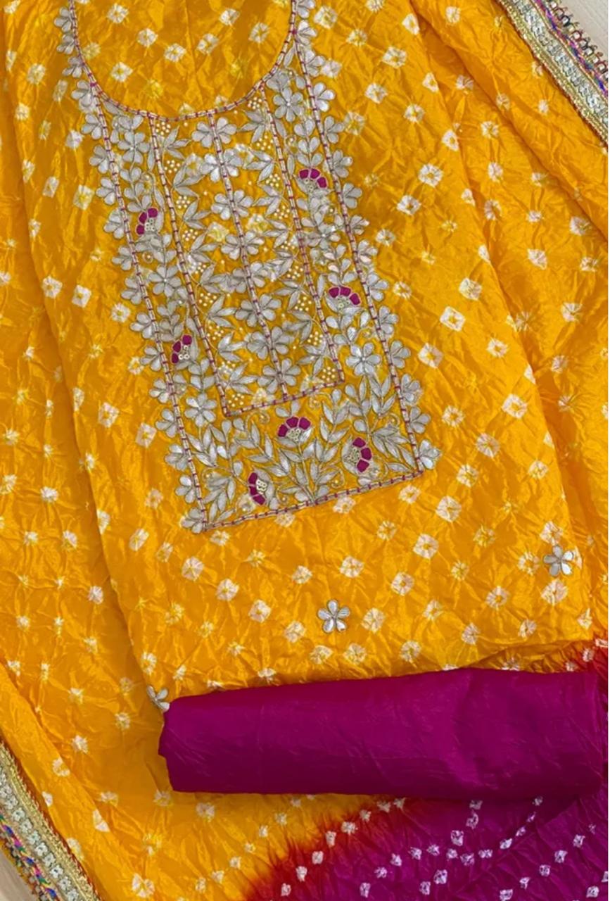 Kayatri New Beautiful Heavy Silk Fabric Bandhej Suits