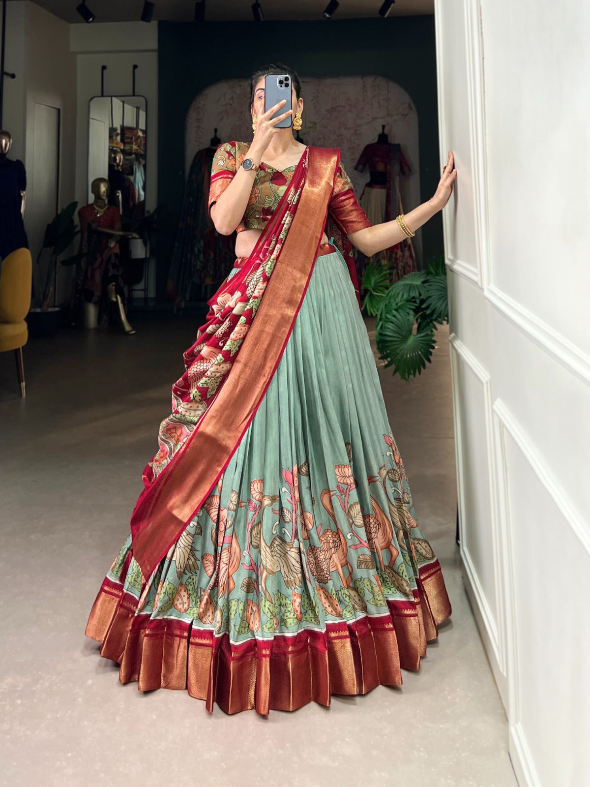 Kayatri New Designer Dola Silk Kalamkari Print Lehenga