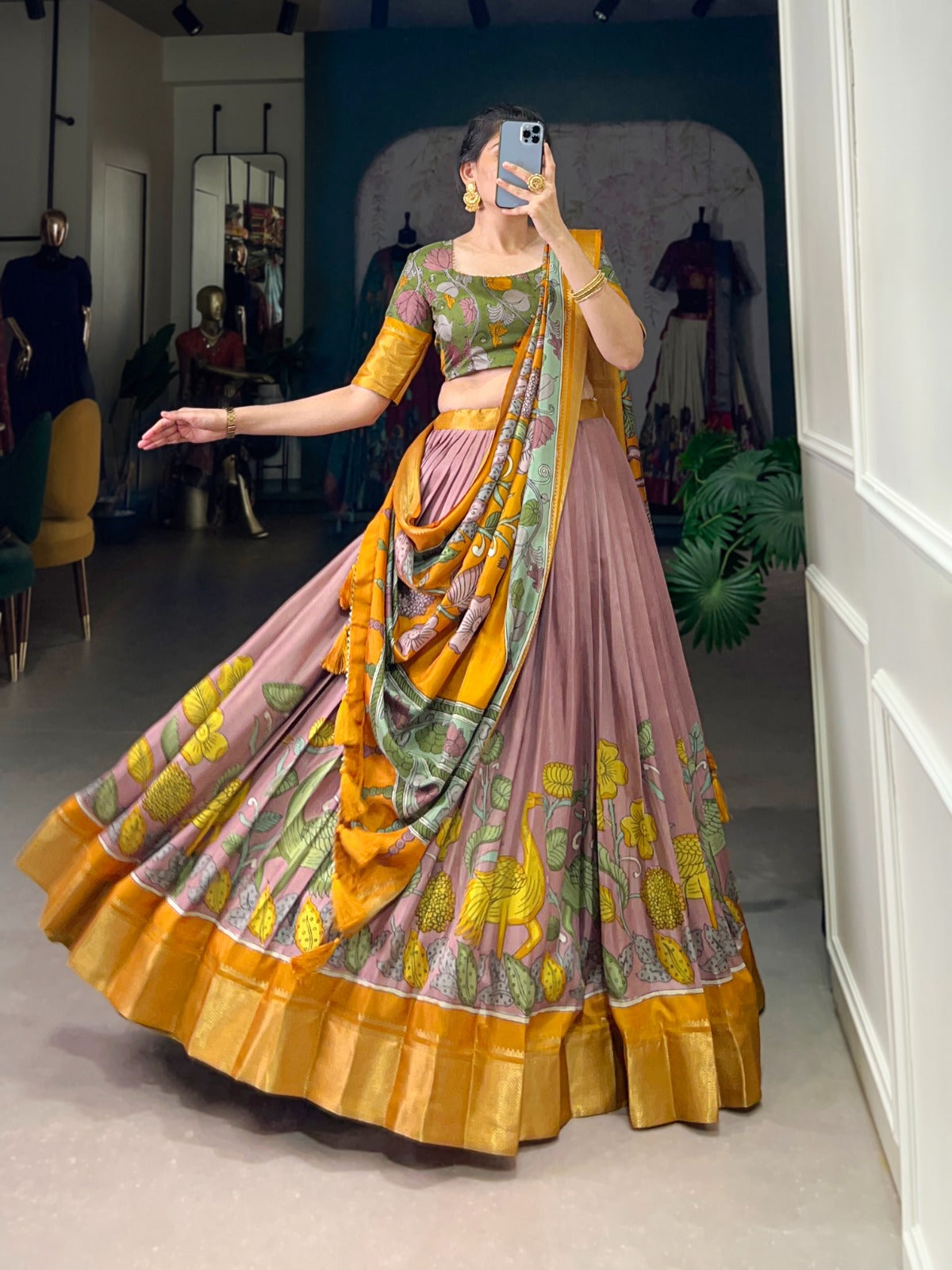 Kayatri New Designer Dola Silk Kalamkari Print Lehenga